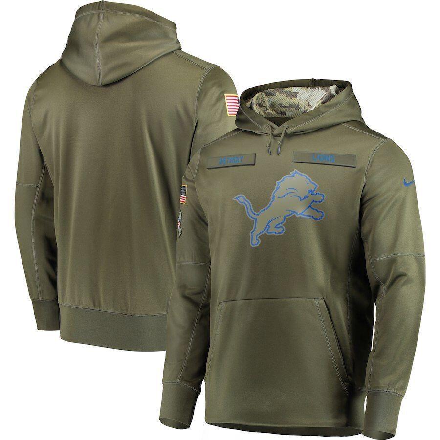 Men's Detroit Lions 2018 Olive Salute to Service Sideline Therma Performance Pullover Stitched Hoodie